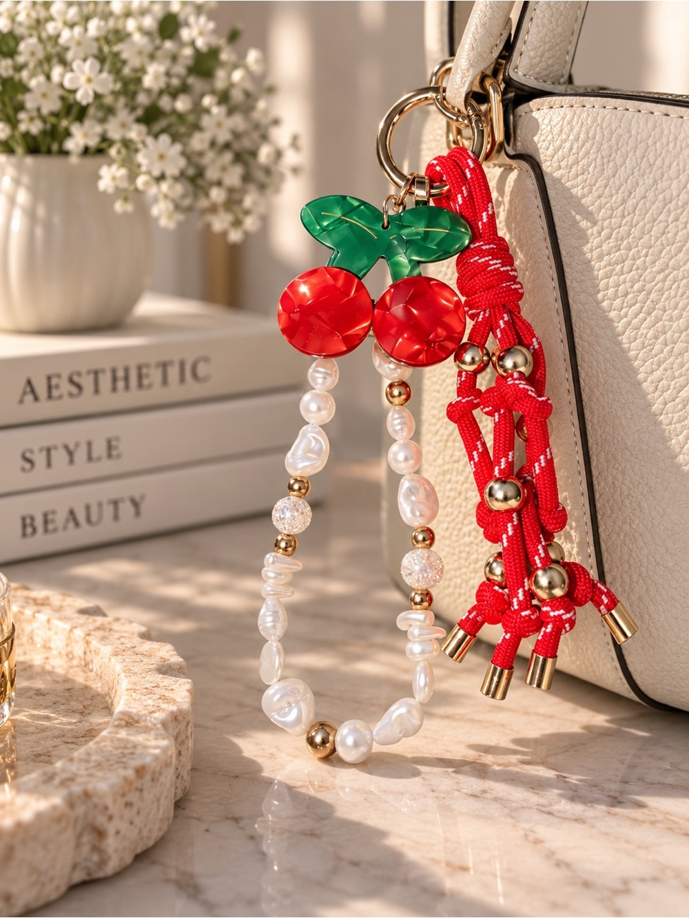 Cherry Charm Keychain with Red Tassel and Pearl Beads